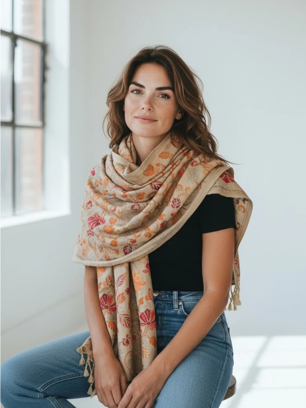 Beige Floral-Embroidered Women's Scarf with Red & Orange Accents‎